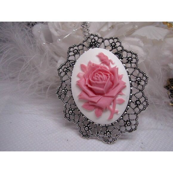 Pink Rose Cameo Necklace Brooch Pin Silver Gold - Picture 2 of 5